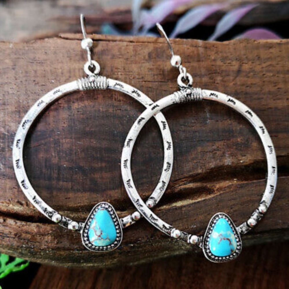 NEW Sterling silver Turquoise Hoop Earrings - Picture 2 of 5